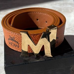 Men’s MCM Cognac Leather Belt with Gold M Buckle